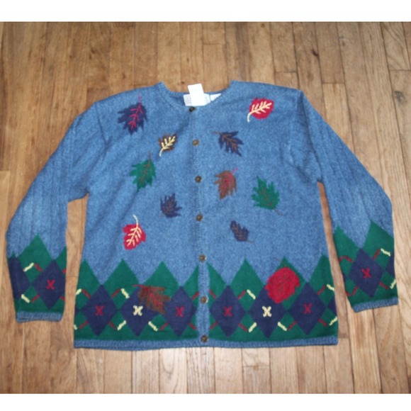 Vtg Jantzen Classics Embroidered Leaf Fall Autumn Knit Cardigan Sweater L - Picture 1 of 5